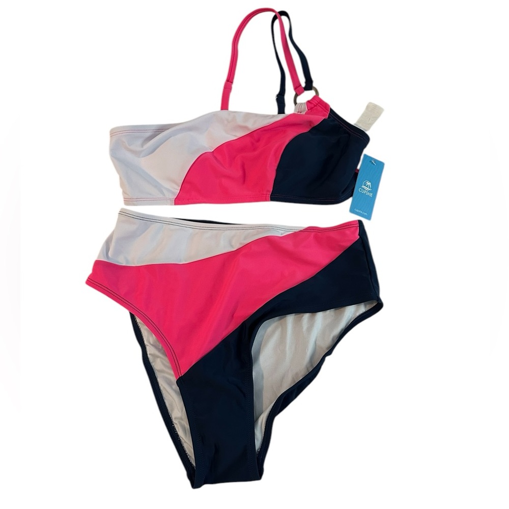 CUPSHE Colorblock One-Shoulder Bikini & High Waist bottoms NWT Medium